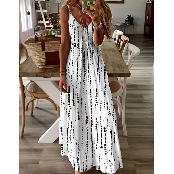 Women’s White Sleeveless Loose V Neck Maxi Dress Long Summer Sundress Large Nwt - Picture 1 of 5
